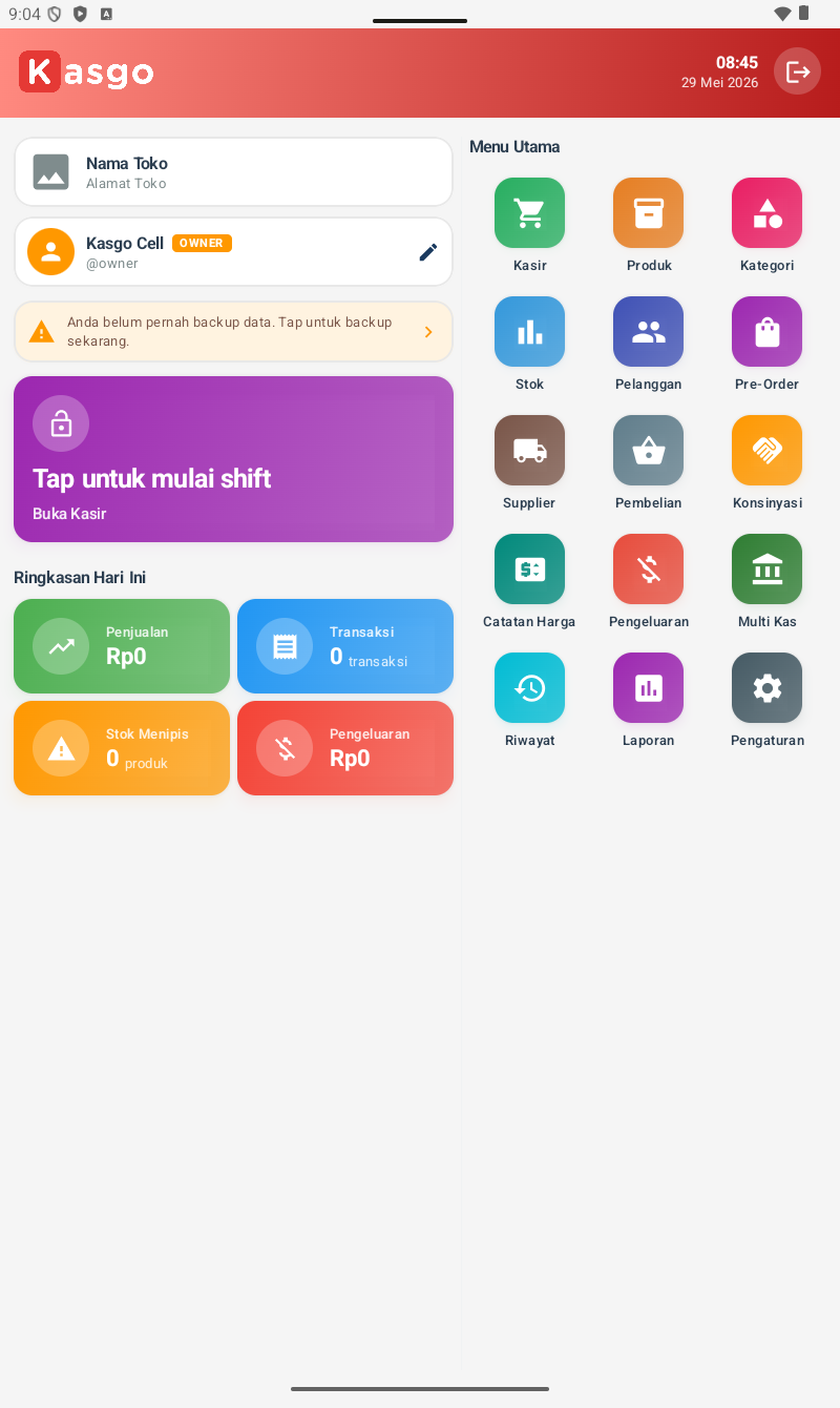 Kasgo Cell - Beranda dengan 15 menu utama