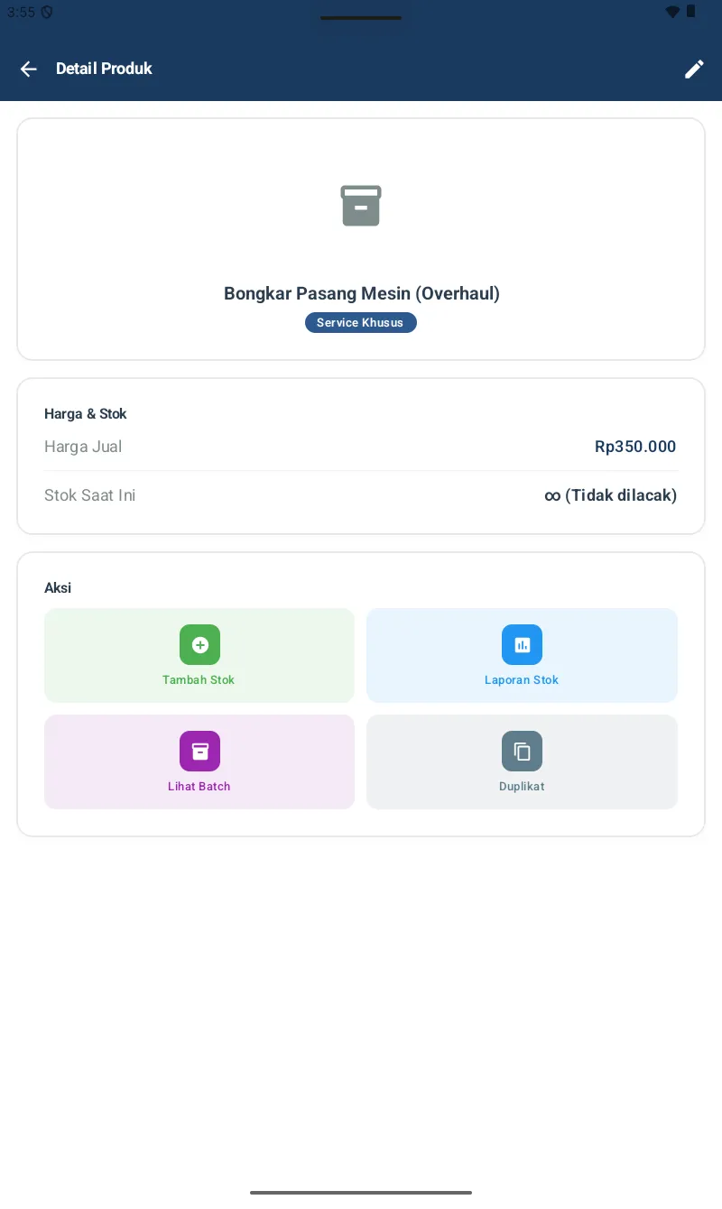 Detail Produk untuk Jasa (Bongkar Pasang Mesin Overhaul): Service Khusus, Harga Jual Rp350.000, Stok Saat Ini ∞ (Tidak dilacak), Aksi Tambah Stok/Laporan/Lihat Batch/Duplikat