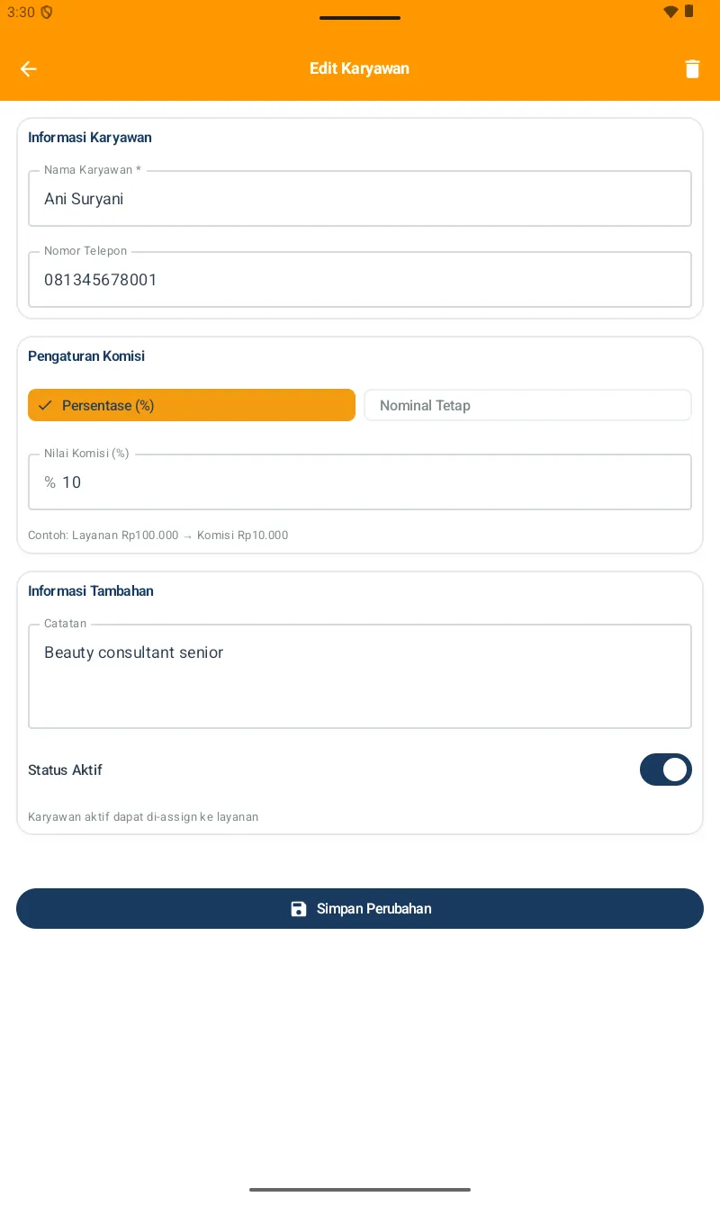 Form Edit Karyawan — Informasi Karyawan (Nama, HP), Pengaturan Komisi (Persentase/Nominal Tetap, Nilai 10%), Informasi Tambahan (Catatan, Status Aktif)