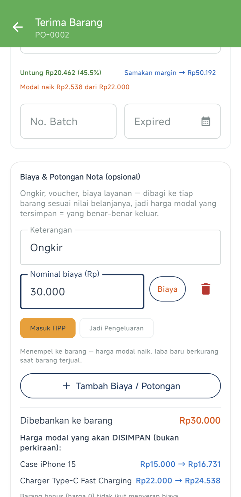 Bagian Biaya & Potongan Nota di layar Terima Barang — Keterangan “Ongkir”, nominal 30.000, tombol Biaya/Potongan, pilihan Masuk HPP / Jadi Pengeluaran, dan pratinjau harga modal tiap barang sesudah alokasi