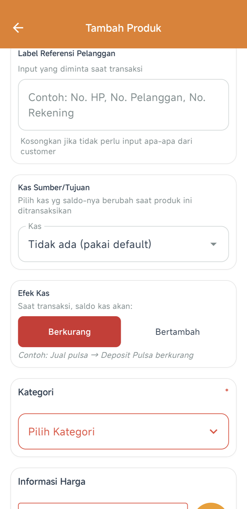 Bagian Kas Sumber/Tujuan dan Efek Kas dengan pilihan Berkurang dan Bertambah, beserta contoh “Jual pulsa → Deposit Pulsa berkurang”