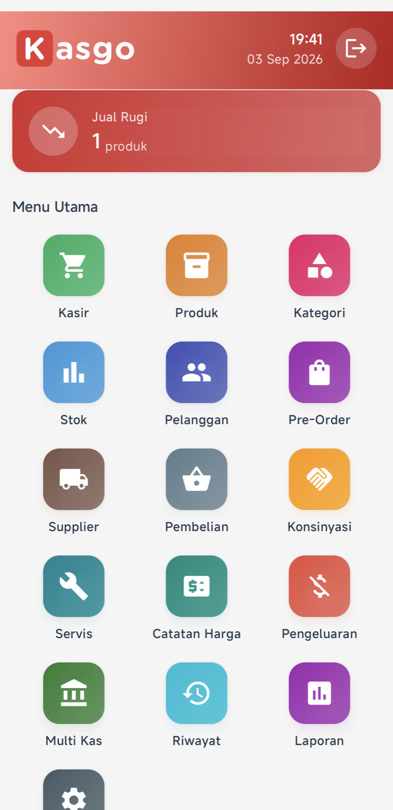 Beranda dengan kartu merah “Jual Rugi — 1 produk” di atas grid Menu Utama
