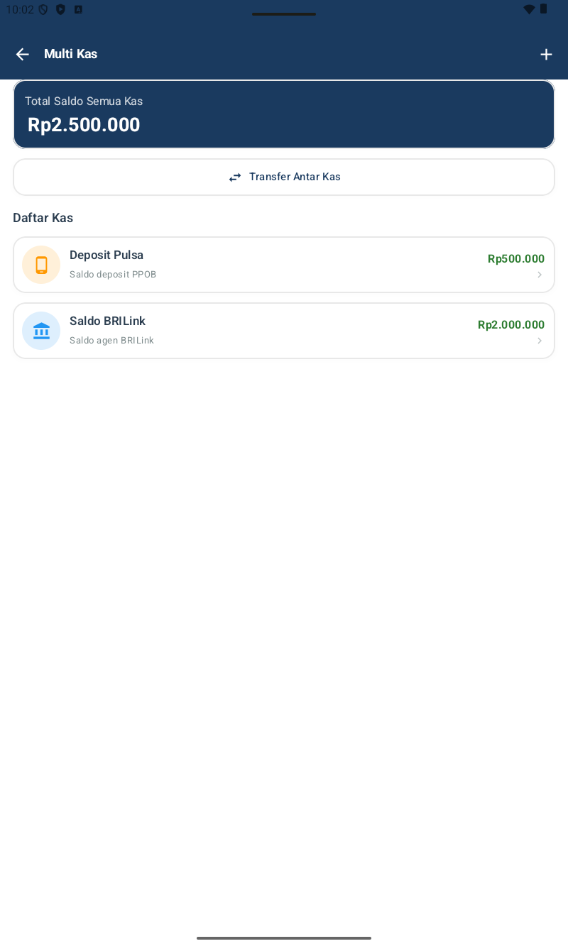 Halaman Multi Kas — header navy, card biru besar 'Total Saldo Semua Kas Rp 2.500.000', tombol Transfer Antar Kas, section Daftar Kas dengan 2 entri: Deposit Pulsa (Saldo deposit PPOB) Rp 500.000 dan Saldo BRILink (Saldo agen BRILink) Rp 2.000.000