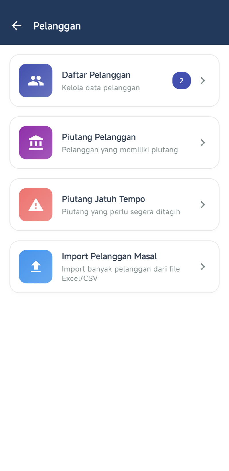 Menu Pelanggan: Daftar Pelanggan, Piutang Pelanggan, Piutang Jatuh Tempo, dan Import Pelanggan Masal