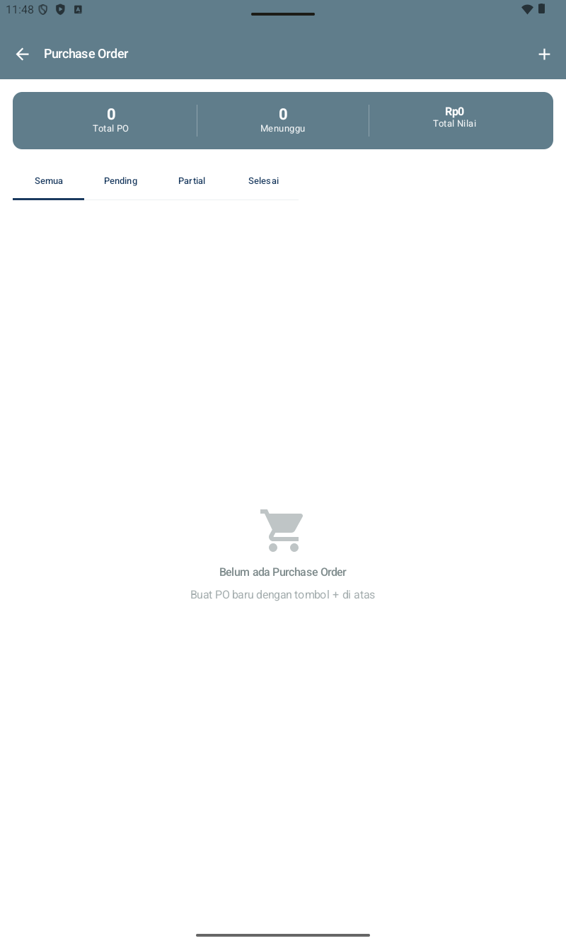 Halaman Purchase Order — header navy abu-abu, title 'Purchase Order', stat card 3 angka: 0 Total PO | 0 Menunggu | Rp0 Total Nilai. Filter tabs: Semua (selected) | Pending | Partial | Selesai. Empty state: shopping cart icon + 'Belum ada Purchase Order / Buat PO baru dengan tombol + di atas'. (+) di kanan atas header