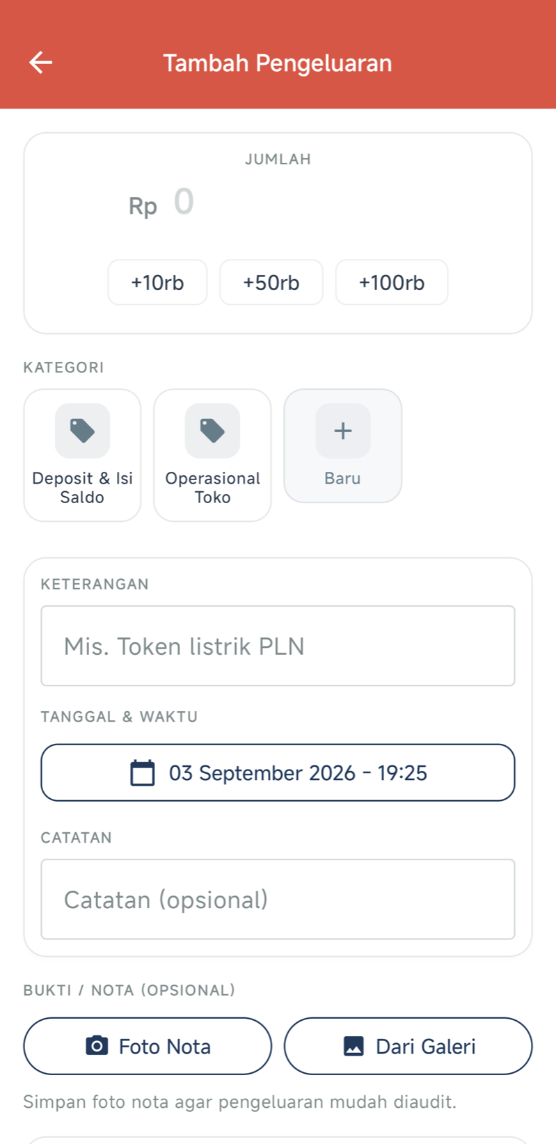 Form Catat Pengeluaran — JUMLAH berupa angka besar dengan chip cepat +10rb/+50rb/+100rb, grid KATEGORI berikon, KETERANGAN, TANGGAL & WAKTU, CATATAN, dan BUKTI/NOTA dengan tombol Foto Nota dan Dari Galeri