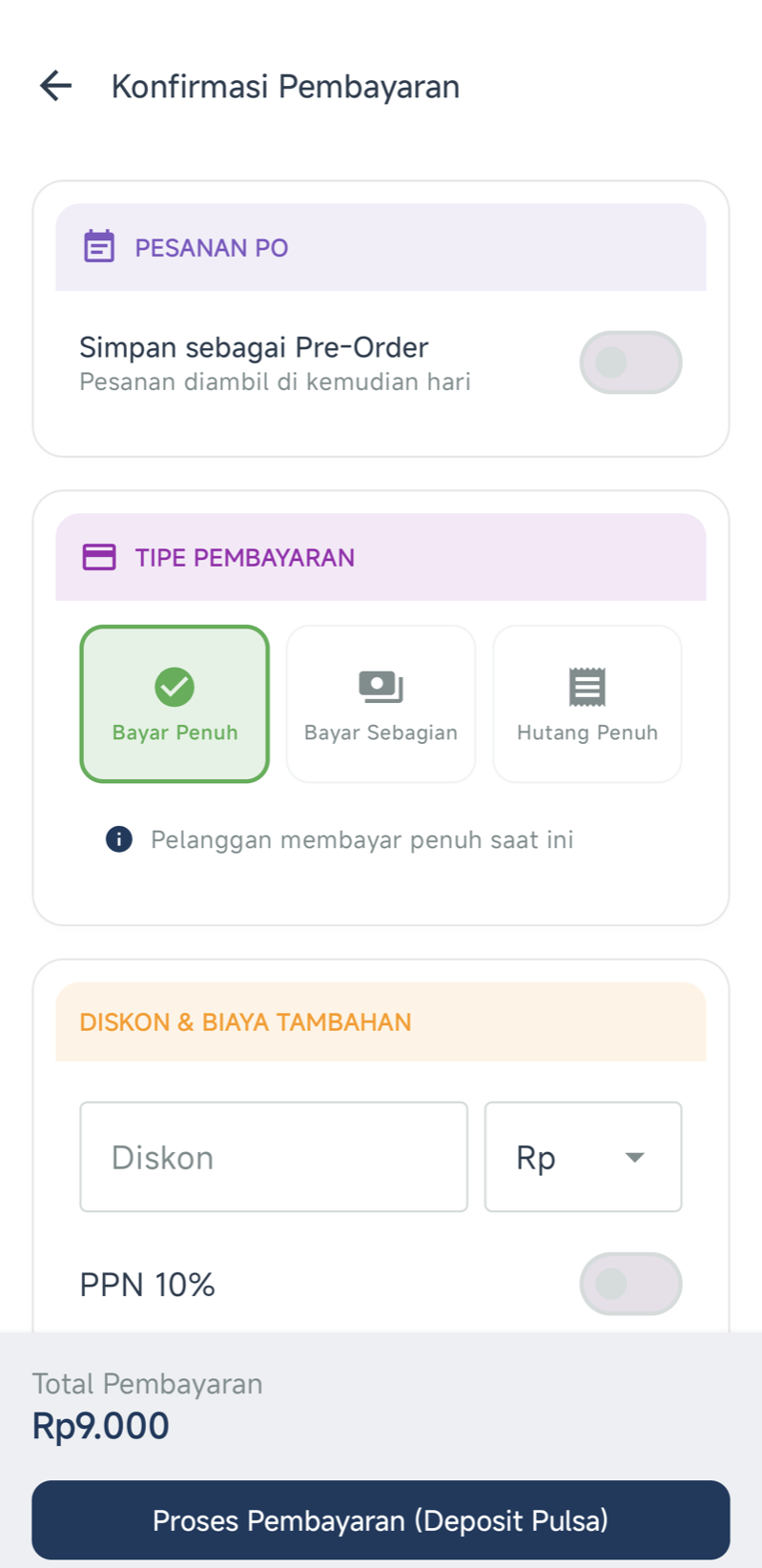Bagian TIPE PEMBAYARAN di layar Konfirmasi Pembayaran dengan tiga pilihan: Bayar Penuh, Bayar Sebagian, dan Hutang Penuh