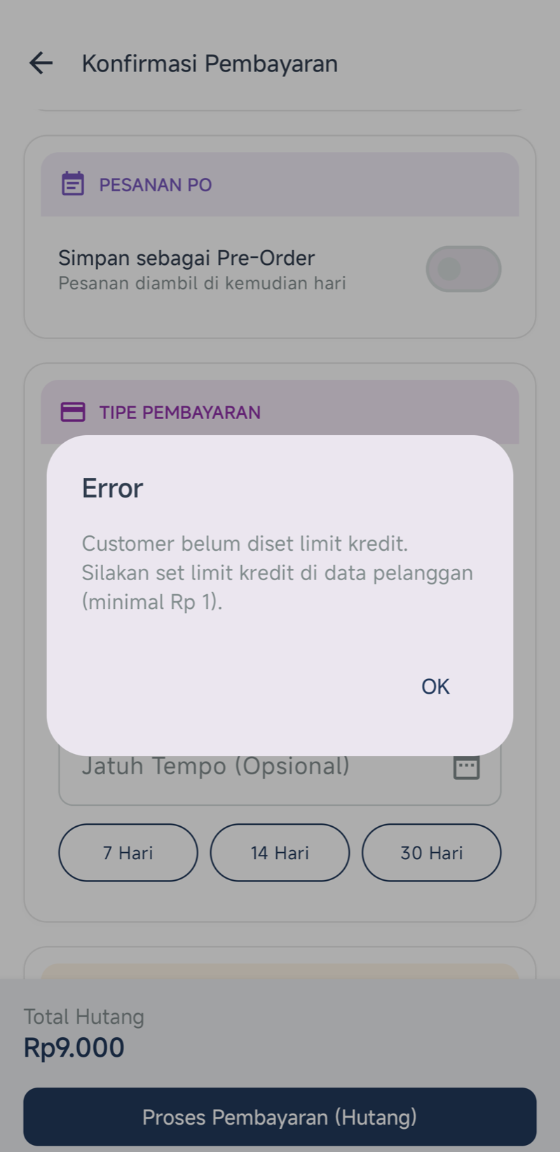 Dialog Error: “Customer belum diset limit kredit. Silakan set limit kredit di data pelanggan (minimal Rp 1).”