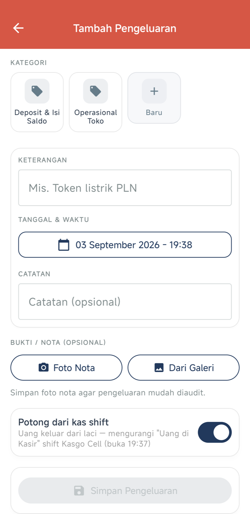 Form Catat Pengeluaran dengan sakelar “Potong dari kas shift” yang menjelaskan uang keluar dari laci dan mengurangi Uang di Kasir shift yang sedang berjalan