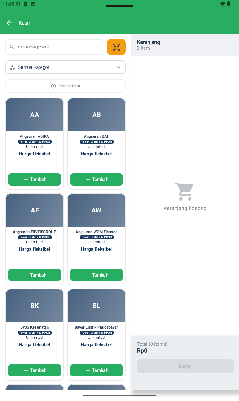 Layar Kasir KasGo Cell (shift active) — header hijau 'Kasir'. Kiri: search 'Cari nama produk...' + tombol QR scan oranye, dropdown 'Semua Kategori', tombol '+ Produk Baru', grid produk 2 kolom (Angsuran ADIRA Token Listrik & PPOB Unlimited Harga fleksibel, Angsuran BAF, Angsuran FIF/FIFGROUP, Angsuran WOM Finance, BPJS Kesehatan, Bayar Listrik Pascabayar) tiap card dengan tombol hijau '+ Tambah'. Kanan: panel 'Keranjang 0 item', icon cart kosong, 'Keranjang kosong', footer 'Total (0 items) Rp0' + tombol Bayar disabled abu-abu