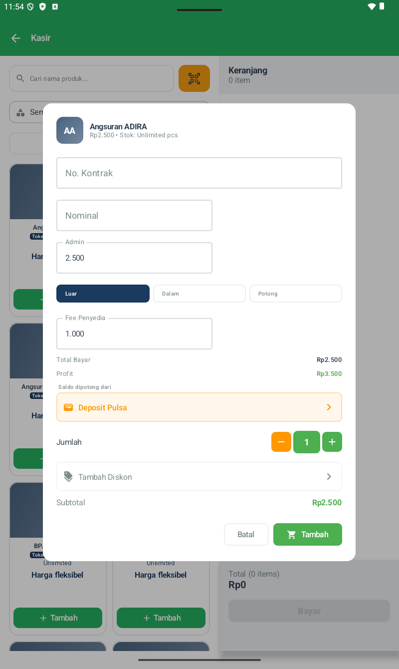 Dialog Tambah produk Angsuran ADIRA — AA avatar + 'Angsuran ADIRA' + 'Rp 2.500 • Stok: Unlimited pcs'. Field No. Kontrak (label referensi). Field Nominal. Field Admin (default 2.500) dengan toggle 3 mode: Luar selected | Dalam | Potong. Field Fee Penyedia (default 1.000). Total Bayar: Rp 2.500. Profit: Rp 3.500. Saldo dipotong dari: Deposit Pulsa. Jumlah dengan -/+. Tambah Diskon. Subtotal Rp 2.500. Batal + Tambah