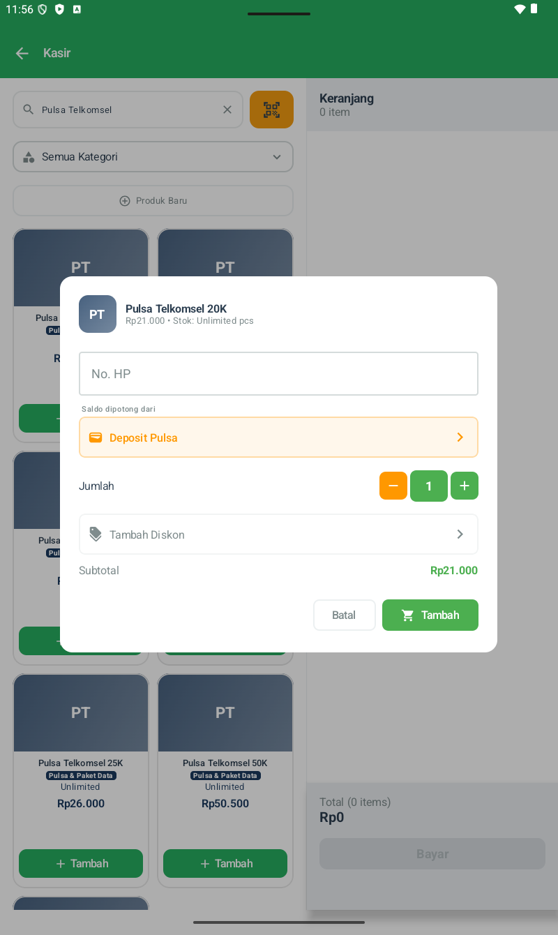 Dialog Tambah produk Pulsa Telkomsel 20K — Header PT avatar + nama produk + 'Rp 21.000 • Stok: Unlimited pcs'. Field No. HP. Section 'Saldo dipotong dari: Deposit Pulsa' (orange highlight, clickable). Section Jumlah dengan -/+ buttons (default 1). Tambah Diskon button. Subtotal Rp 21.000. Tombol Batal + Tambah (hijau)