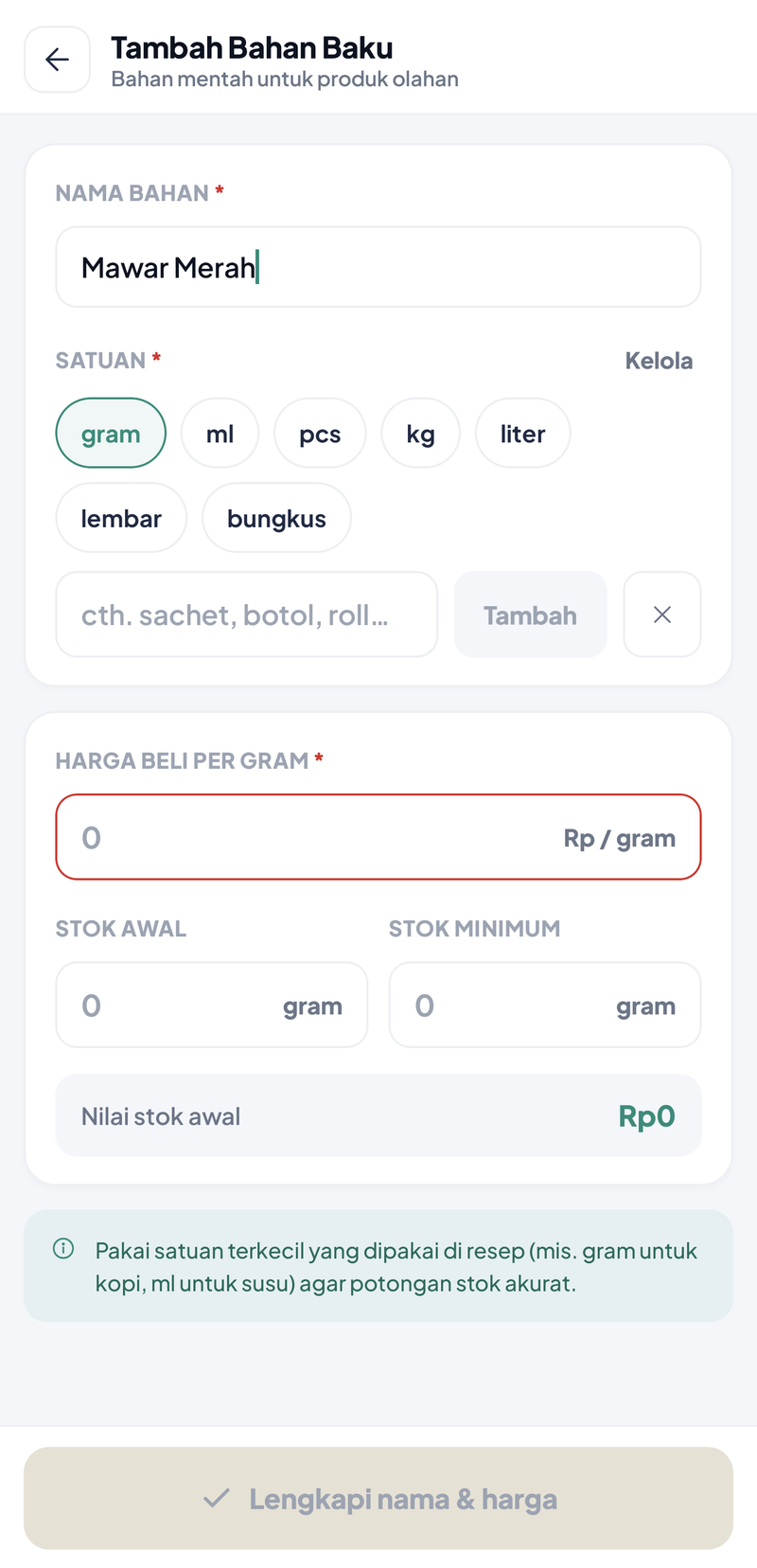 Form Tambah Bahan Baku: Nama Bahan Mawar Merah, pilihan satuan gram, ml, pcs, kg, liter, lembar, bungkus, dan kolom Satuan Lain dengan tombol Tambah
