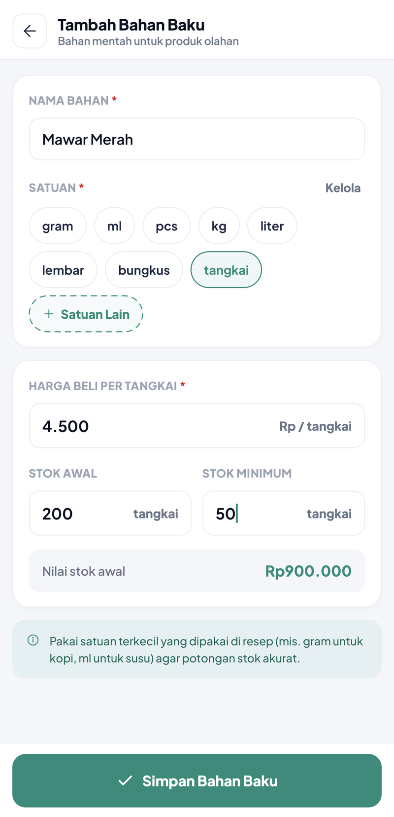Form bahan Mawar Merah: satuan tangkai terpilih, Harga Beli Rp4.500 per tangkai, Stok Awal 200, Stok Minimum 50, Nilai stok awal Rp900.000