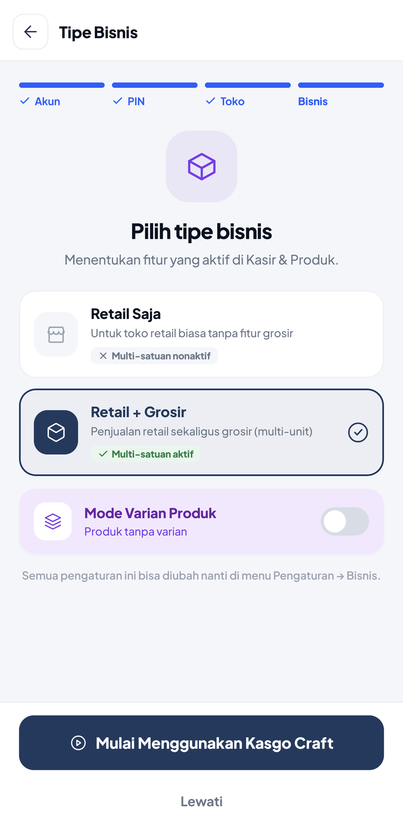 Langkah Bisnis: pilihan Retail Saja (multi-satuan nonaktif) dan Retail + Grosir (multi-satuan aktif, terpilih), serta sakelar Mode Varian Produk