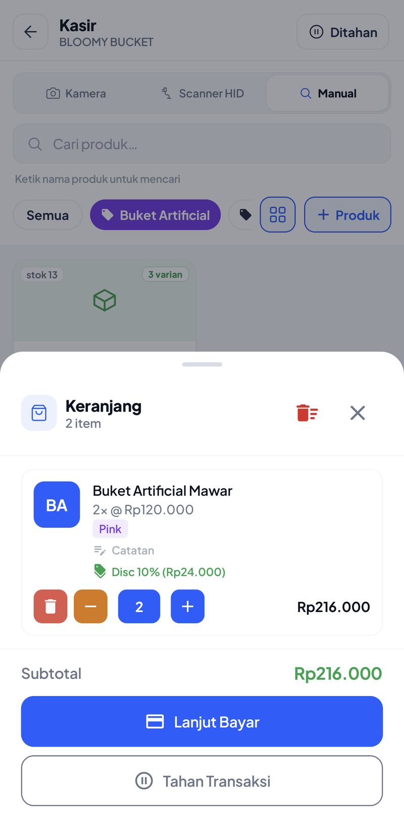 Sheet Keranjang: Buket Artificial Mawar Pink 2x @ Rp120.000 dengan label Disc 10% (Rp24.000), jumlah 2, total Rp216.000, Subtotal Rp216.000, tombol Lanjut Bayar dan Tahan Transaksi