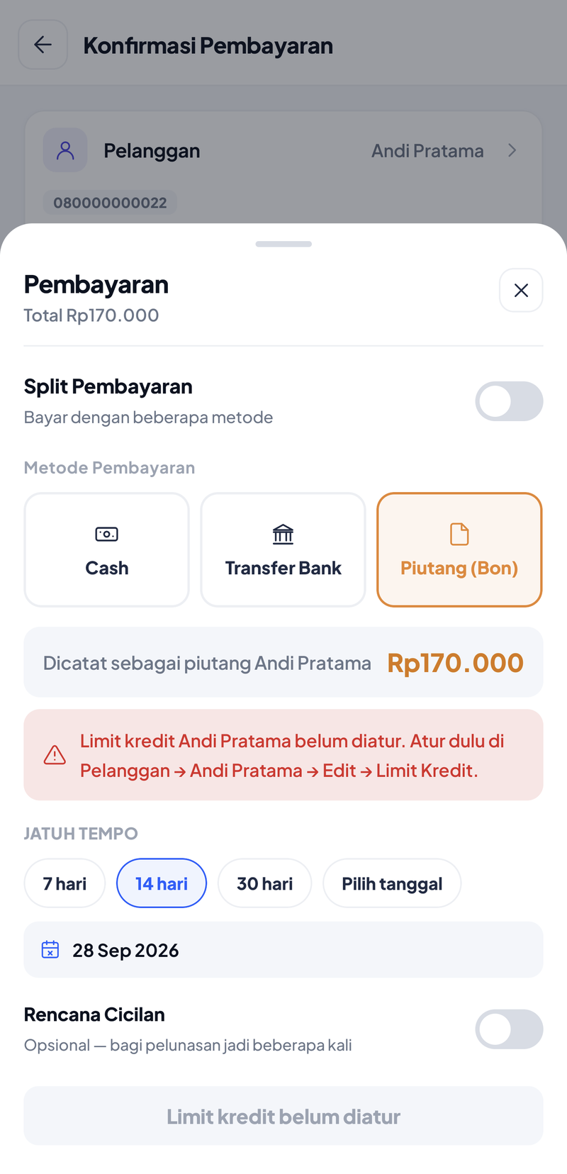 Piutang (Bon) Andi Pratama Rp170.000 dengan kotak merah: Limit kredit Andi Pratama belum diatur. Atur dulu di Pelanggan → Andi Pratama → Edit → Limit Kredit; tombol abu-abu Limit kredit belum diatur