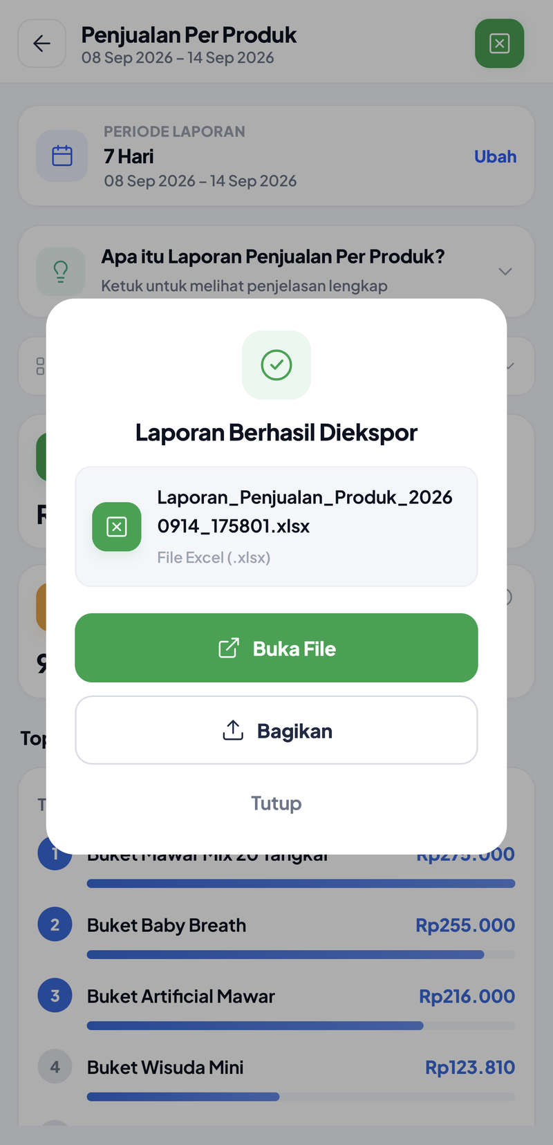 Dialog Laporan Berhasil Diekspor berisi nama file xlsx, keterangan File Excel, tombol Buka File, Bagikan, dan Tutup