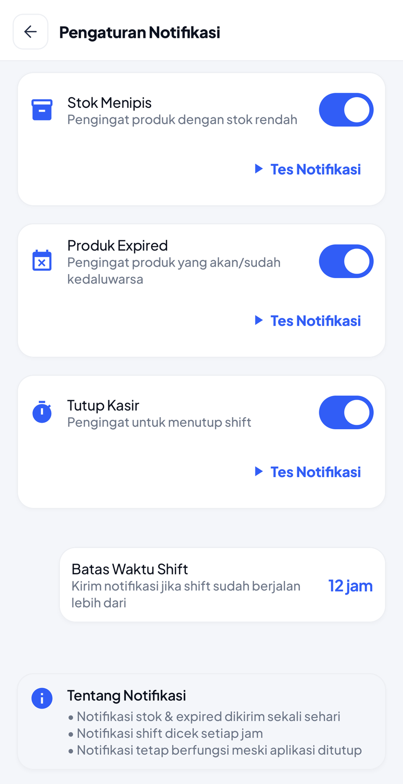 Pengaturan Notifikasi bagian bawah: kartu Stok Menipis, Produk Expired, dan Tutup Kasir dengan tombol Tes Notifikasi, kartu Batas Waktu Shift 12 jam, dan kotak Tentang Notifikasi: stok dan expired dikirim sekali sehari, shift dicek setiap jam, notifikasi tetap berfungsi meski aplikasi ditutup