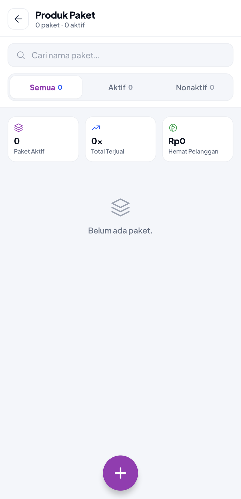Halaman Produk Paket kosong: tab Semua, Aktif, Nonaktif; kartu Paket Aktif 0, Total Terjual 0x, Hemat Pelanggan Rp0; tulisan Belum ada paket dan tombol +