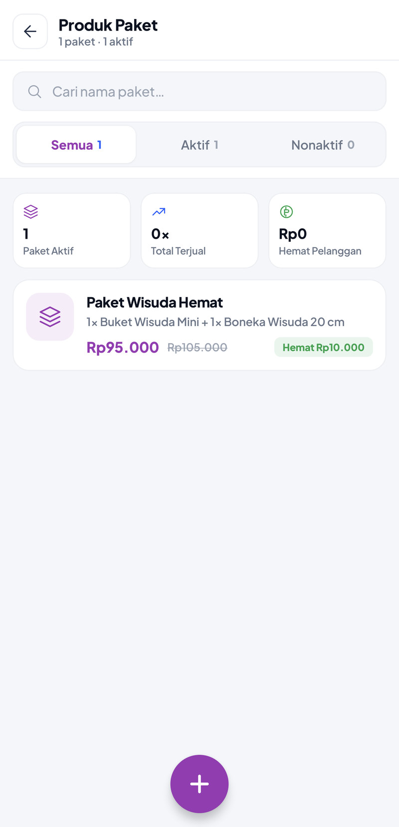 Daftar paket: Paket Wisuda Hemat berisi 1× Buket Wisuda Mini + 1× Boneka Wisuda 20 cm, harga Rp95.000 dengan harga normal Rp105.000 dicoret dan label Hemat Rp10.000