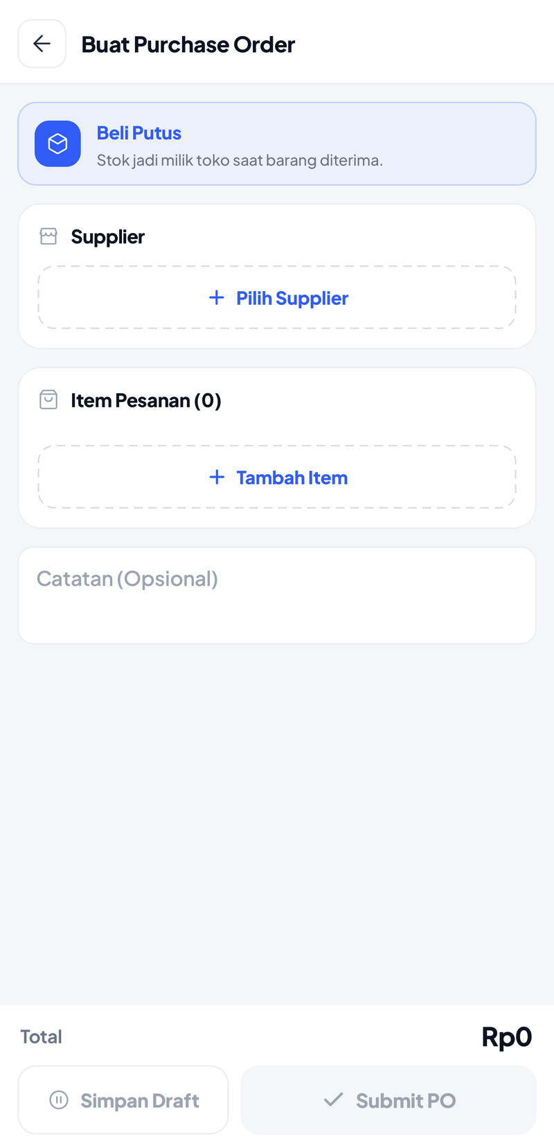 Form Buat Purchase Order: jenis Beli Putus, Pilih Supplier, Item Pesanan dengan tombol Tambah Item, total Rp0, tombol Simpan Draft dan Submit PO