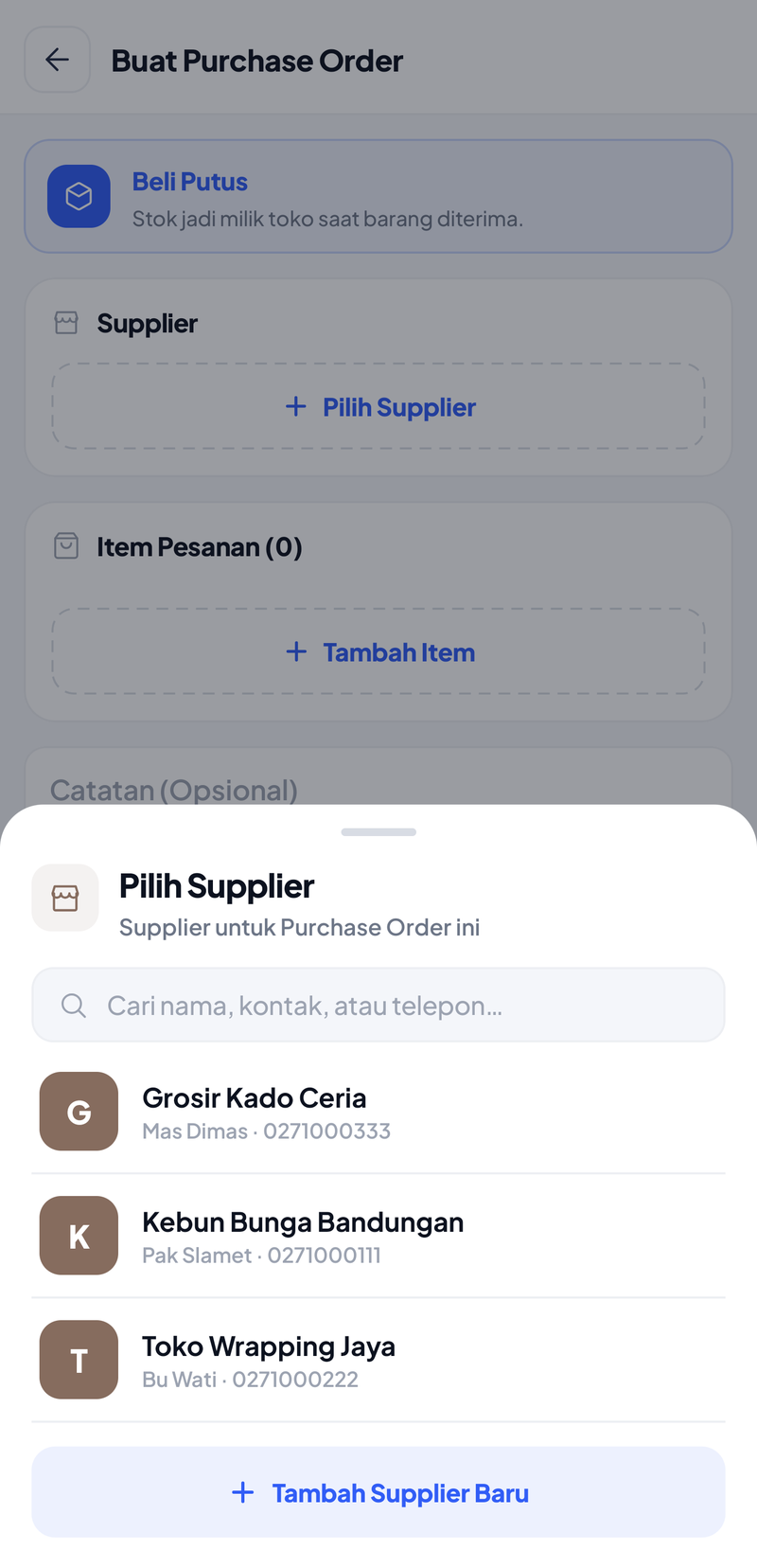 Lembar Pilih Supplier berisi Grosir Kado Ceria, Kebun Bunga Bandungan, Toko Wrapping Jaya, dan pilihan Tambah Supplier Baru