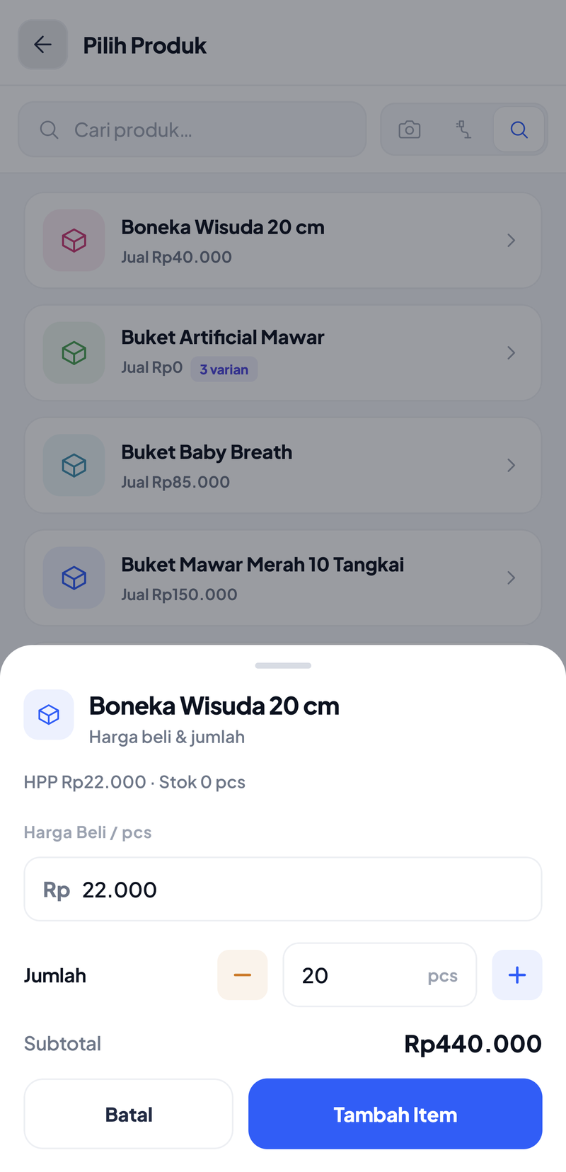 Lembar harga beli dan jumlah untuk Boneka Wisuda 20 cm: HPP Rp22.000, stok 0 pcs, Harga Beli per pcs Rp22.000, Jumlah 20, Subtotal