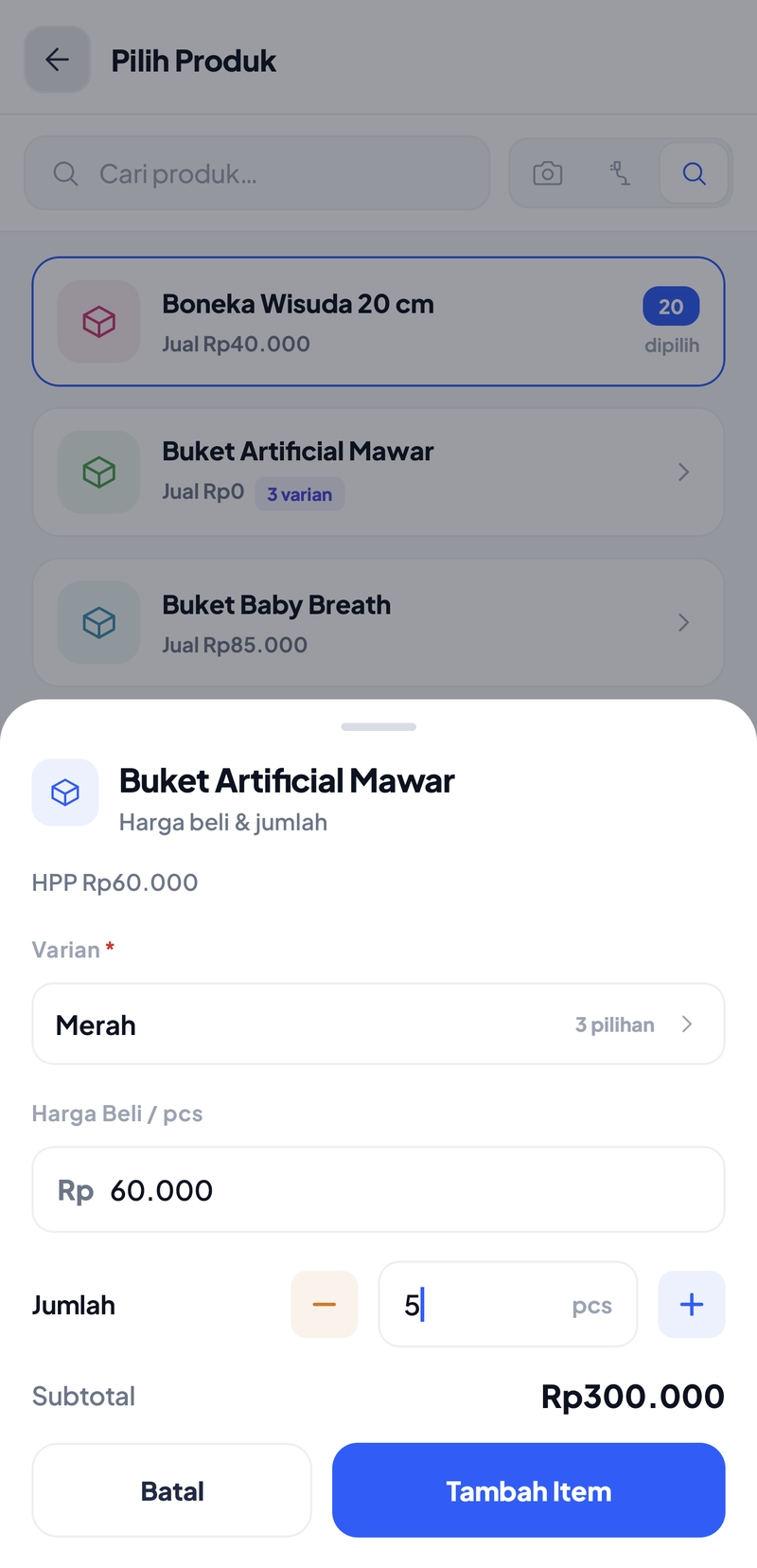 Lembar untuk Buket Artificial Mawar dengan pilihan Varian, Harga Beli Rp60.000, dan Jumlah 5