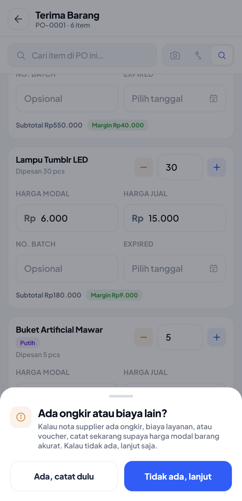 Pertanyaan Ada ongkir atau biaya lain? dengan pilihan Ada, catat dulu dan Tidak ada, lanjut