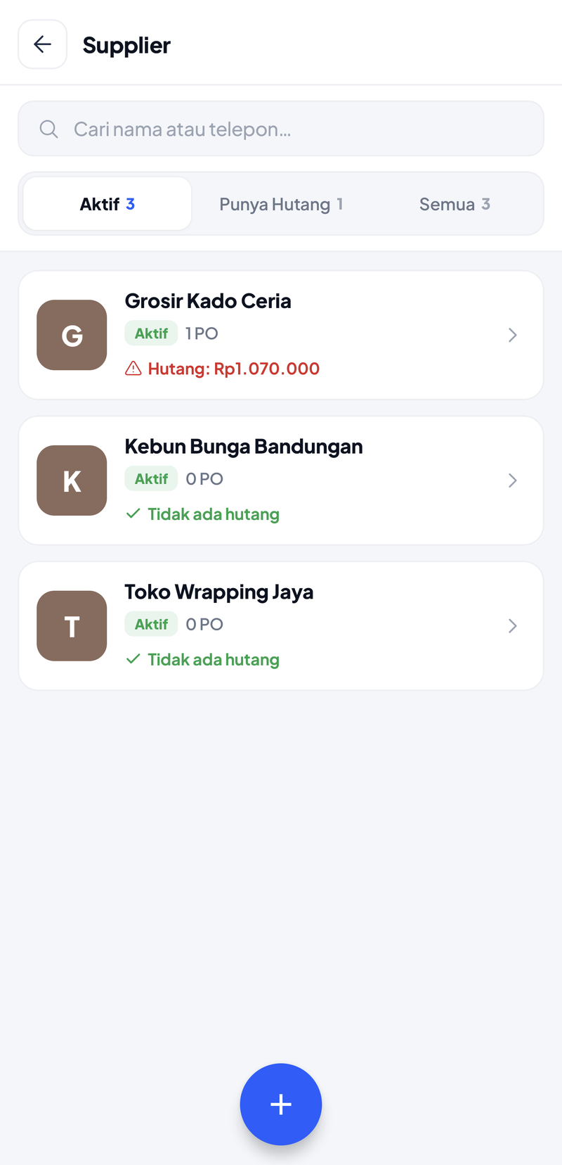 Daftar supplier: Grosir Kado Ceria 1 PO dengan Hutang Rp1.070.000, tab Punya Hutang berisi 1