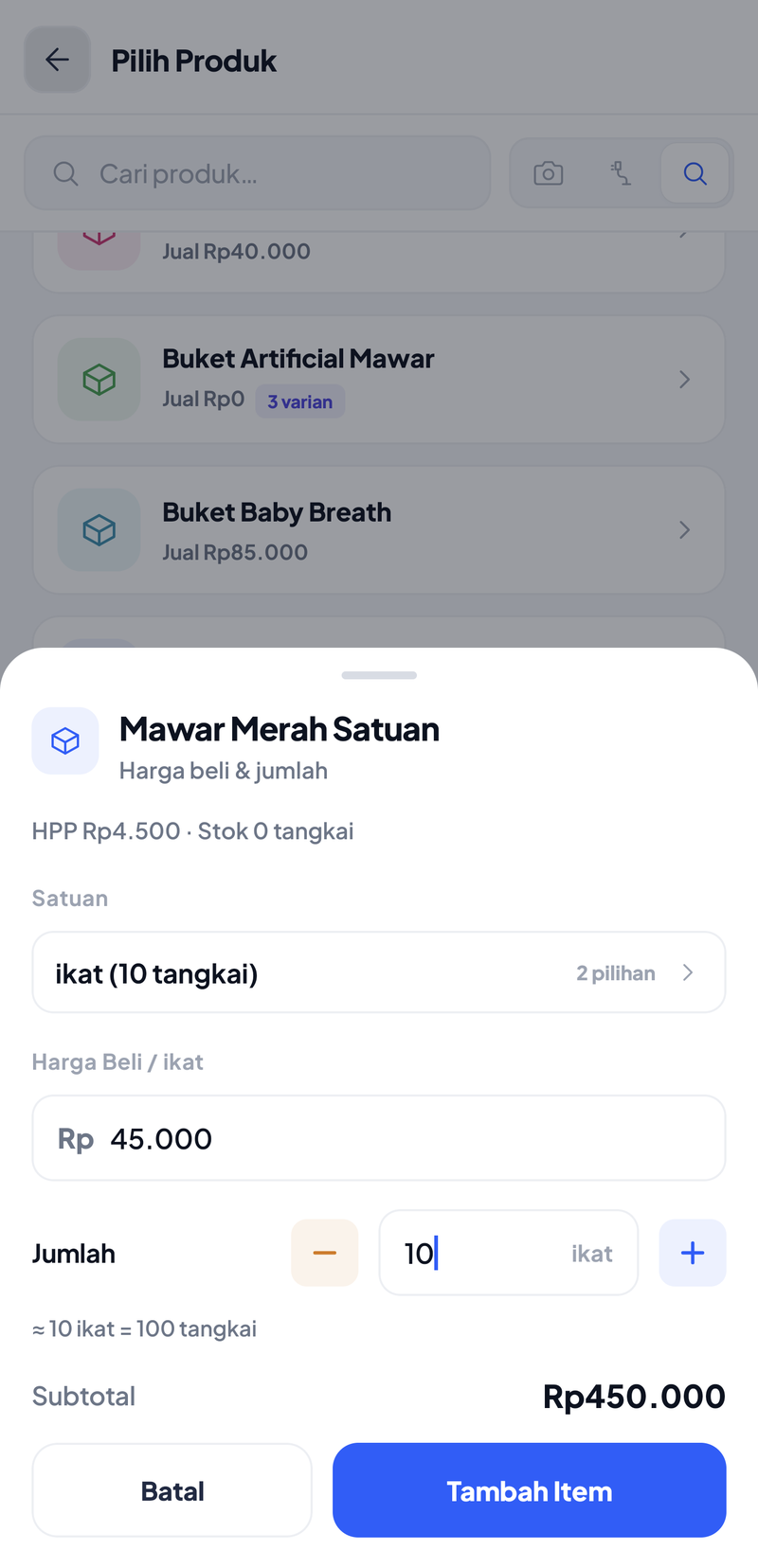Lembar item Mawar Merah Satuan: Satuan ikat (10 tangkai), Harga Beli per ikat Rp45.000, Jumlah 10 ikat, keterangan 10 ikat = 100 tangkai, Subtotal Rp450.000