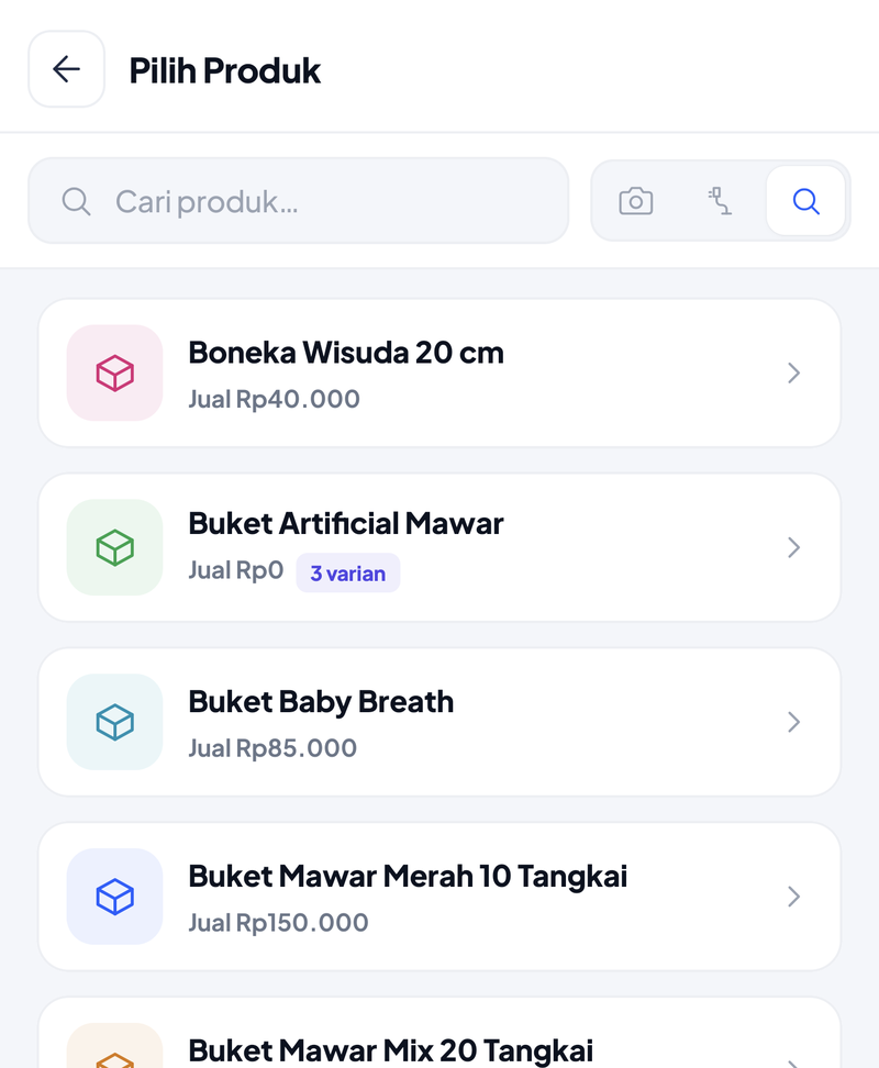 Pemilih item saat membuat Konsinyasi: hanya daftar produk jual (Boneka Wisuda 20 cm, Buket Artificial Mawar, Buket Baby Breath, dan seterusnya) tanpa tab Bahan Baku
