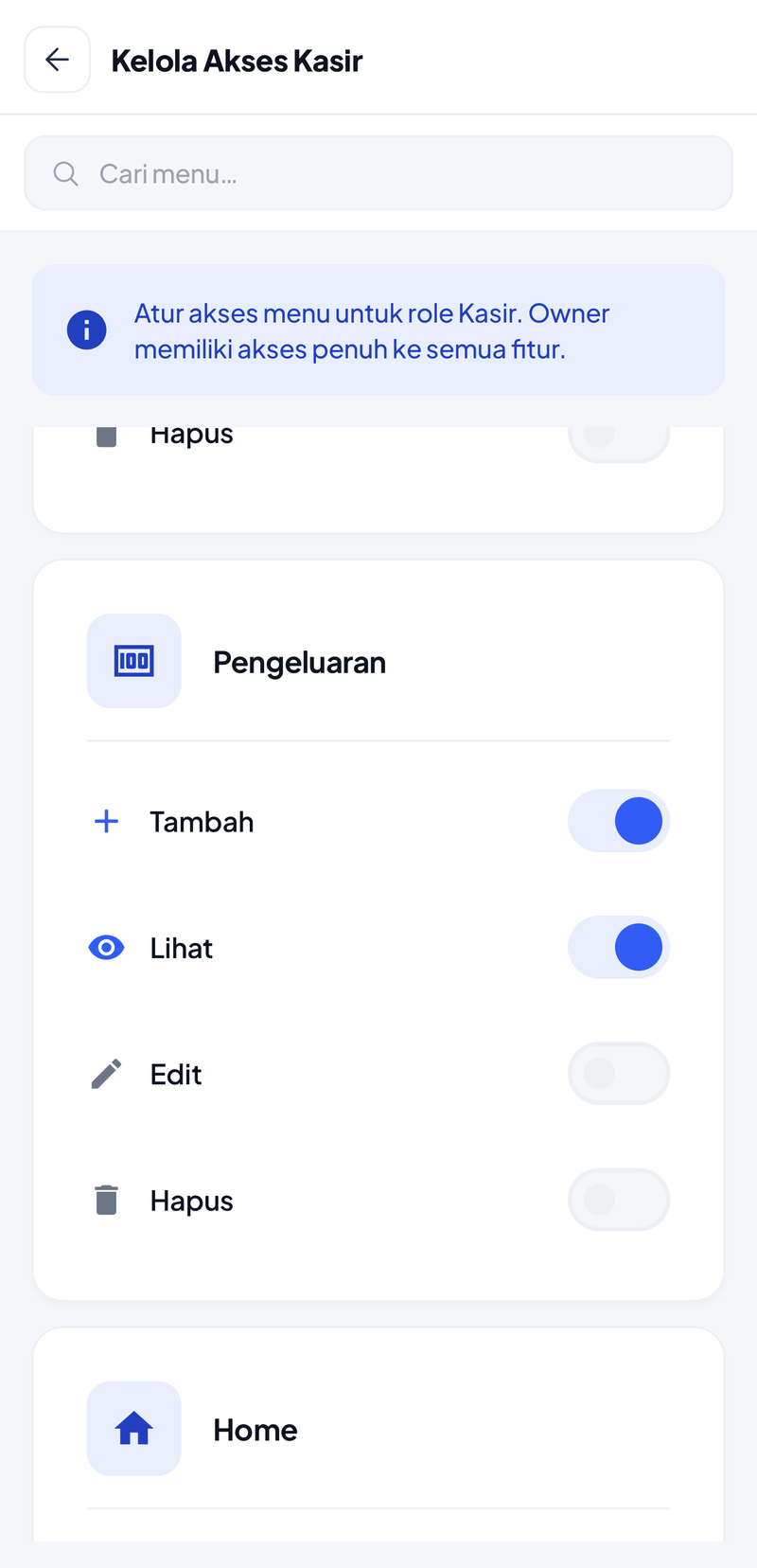 Kartu Pengeluaran di Kelola Akses Kasir: sakelar Tambah dan Lihat menyala, Edit dan Hapus mati