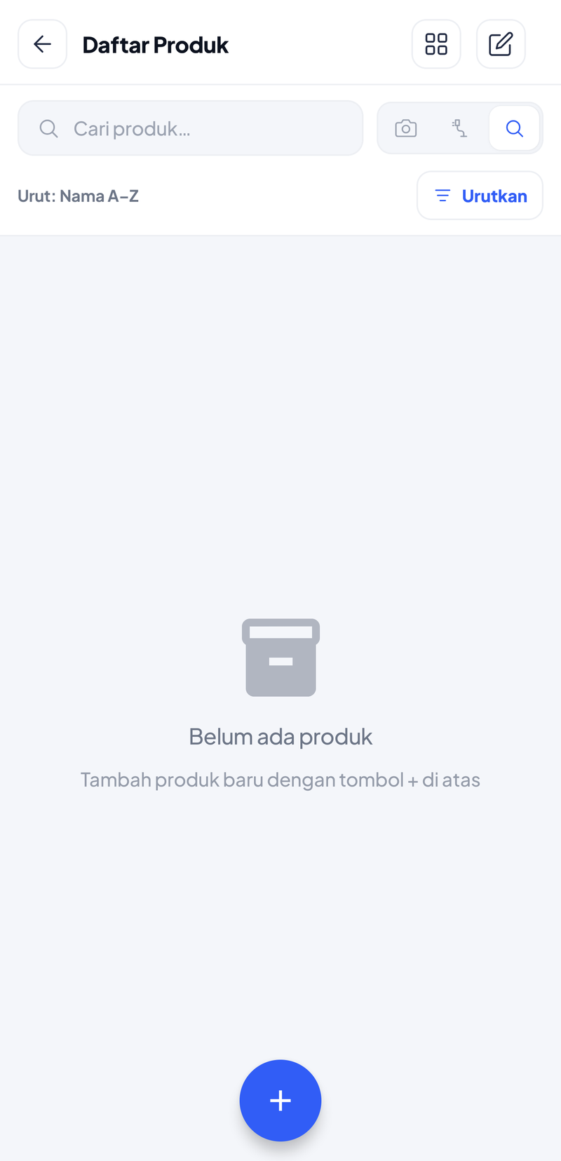 Daftar Produk kosong: mode pencarian Kamera / Scanner HID / Manual, urutan Nama A–Z, tulisan Belum ada produk, dan tombol + di bawah