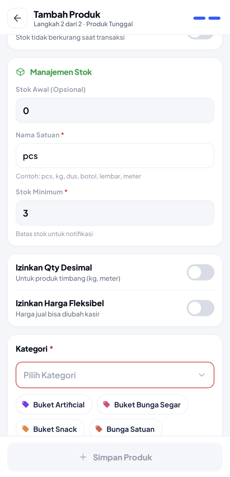 Daftar pilihan kategori terbuka di bawah kolom Kategori: Buket Artificial, Buket Bunga Segar, Buket Snack, Bunga Satuan