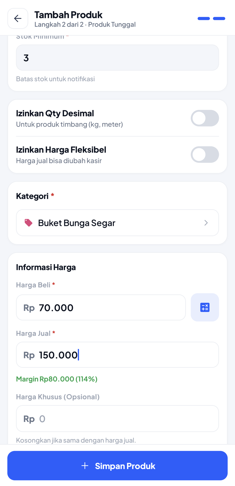 Informasi Harga: Harga Beli Rp70.000 dengan tombol Kalkulator HPP, Harga Jual Rp150.000, dan Harga Khusus opsional