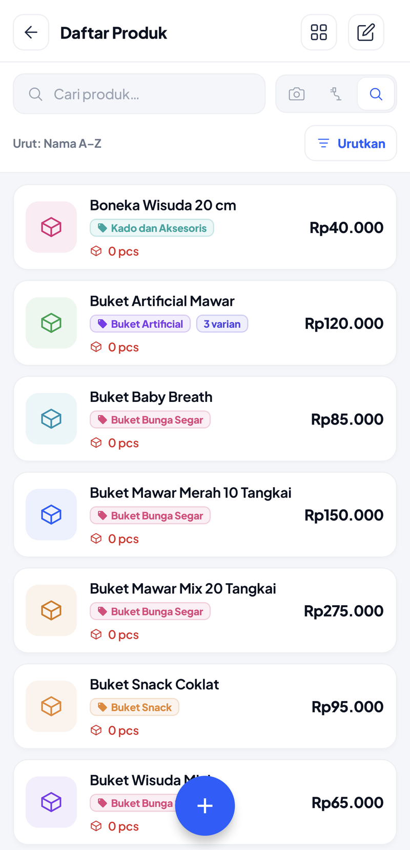 Daftar Produk Bloomy Bucket: Boneka Wisuda 20 cm, Buket Artificial Mawar (3 varian), Buket Baby Breath, Buket Mawar Merah 10 Tangkai, Buket Mawar Mix 20 Tangkai, Buket Snack Coklat, Buket Wisuda Mini — semua stok 0