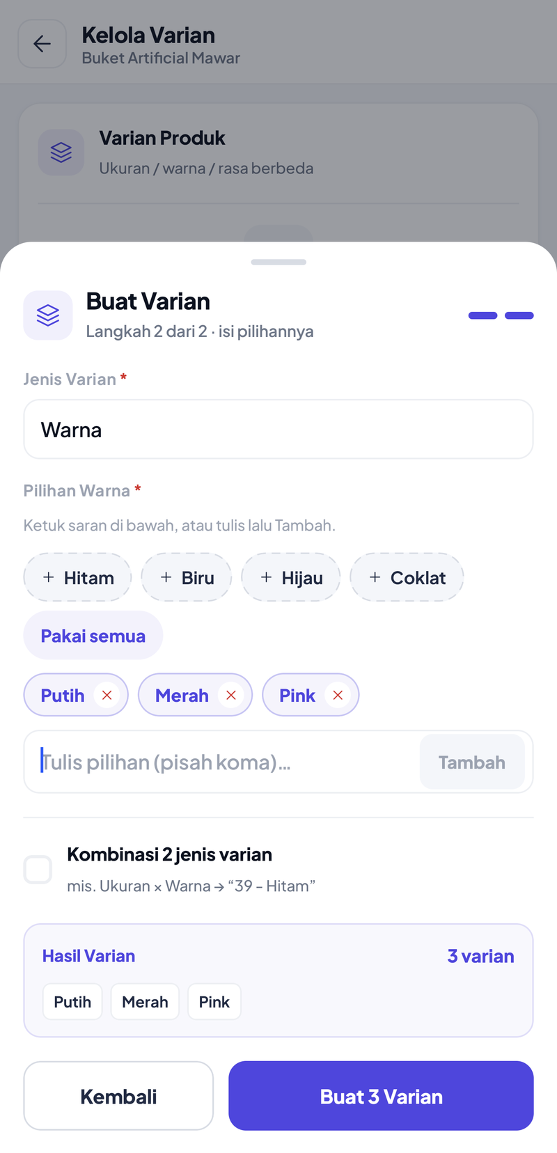 Lembar Buat Varian langkah 2: Jenis Varian Warna, pilihan Putih, Merah, Pink terpasang sebagai chip, Hasil Varian 3 varian, tombol Buat 3 Varian