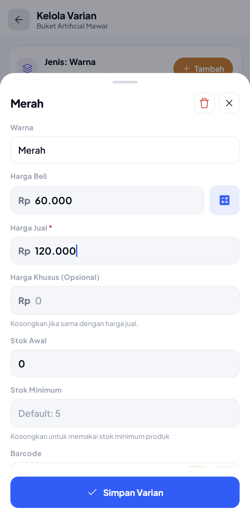 Detail varian Merah: Harga Beli Rp60.000, Harga Jual Rp120.000, Harga Khusus, Stok Awal, Stok Minimum, Barcode, tombol Simpan Varian