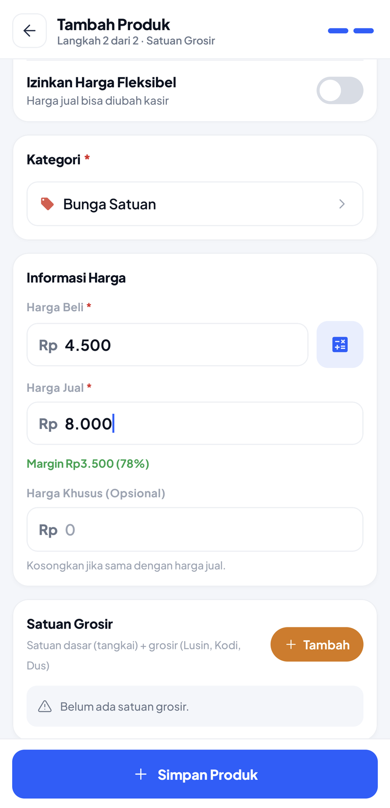 Form Satuan Grosir: kategori Bunga Satuan, Harga Beli Rp4.500, Harga Jual Rp8.000, dan blok Satuan Grosir dengan tombol Tambah