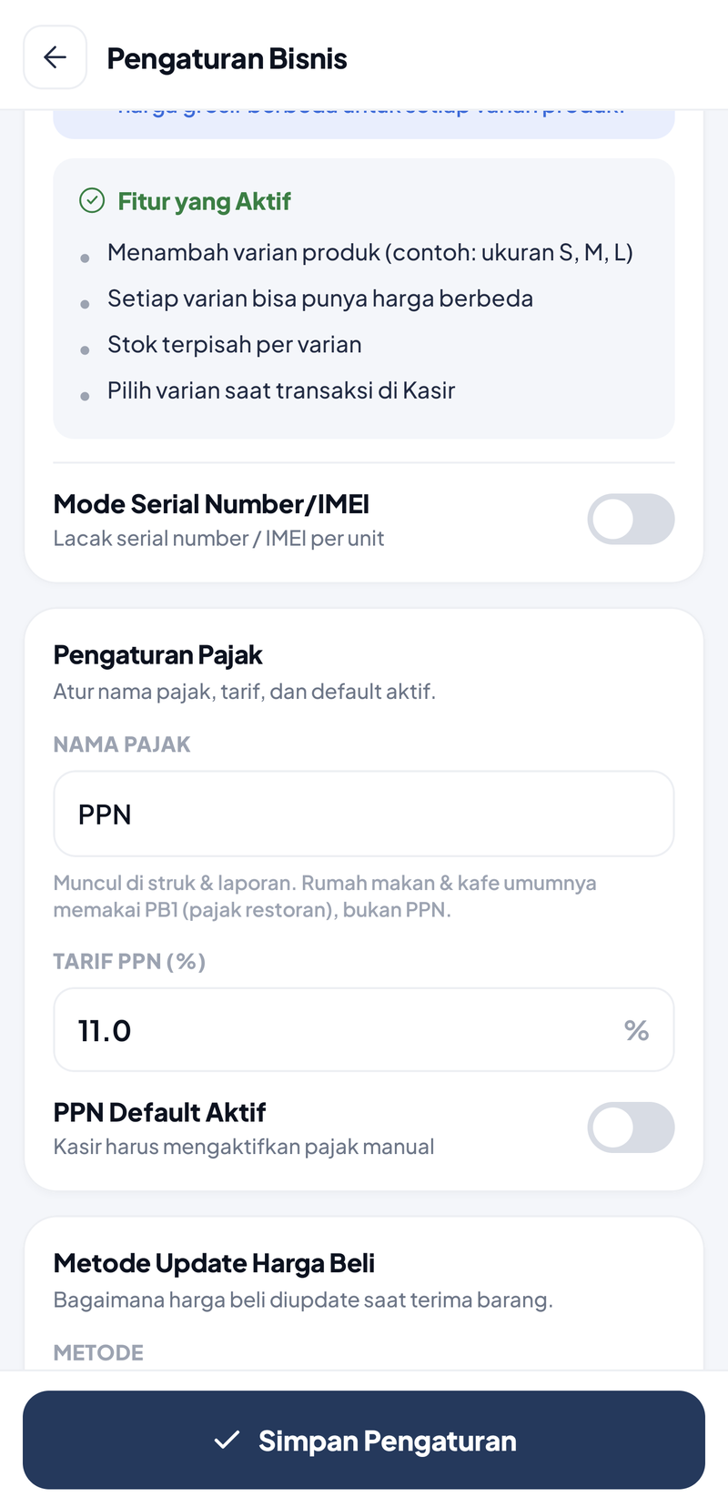 Kartu Pengaturan Pajak: Nama Pajak PPN dengan keterangan muncul di struk & laporan dan rumah makan umumnya memakai PB1, Tarif PPN 11.0 %, sakelar PPN Default Aktif mati dengan tulisan Kasir harus mengaktifkan pajak manual