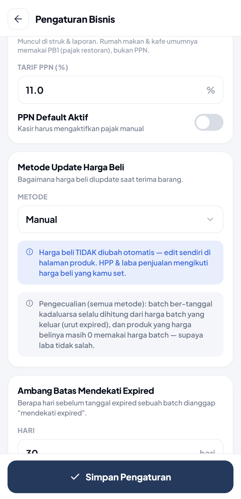 Kartu Metode Update Harga Beli dengan Metode Manual, catatan biru Harga beli TIDAK diubah otomatis — edit sendiri di halaman produk, catatan pengecualian untuk batch ber-tanggal kadaluarsa dan produk berharga beli 0, lalu awal kartu Ambang Batas Mendekati Expired berisi 30 hari
