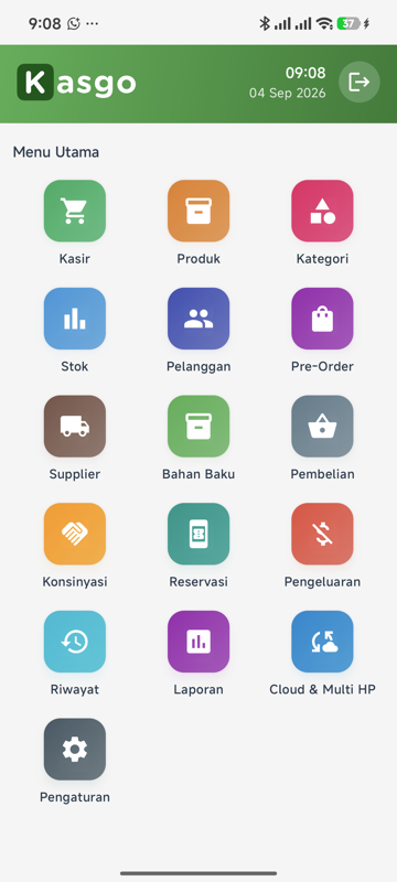 Menu Utama KasGo F&B — grid 3 kolom berisi Kasir, Produk, Kategori, Stok, Pelanggan, Pre-Order, Supplier, Bahan Baku, Pembelian, Konsinyasi, Reservasi, Pengeluaran, Riwayat, Laporan, Cloud & Multi HP, dan Pengaturan