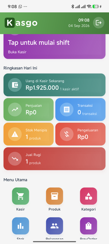 Beranda KasGo F&B — Ringkasan Hari Ini berisi Uang di Kasir Sekarang, Penjualan, Transaksi, Stok Menipis, Pengeluaran, dan kartu merah Jual Rugi 1 produk