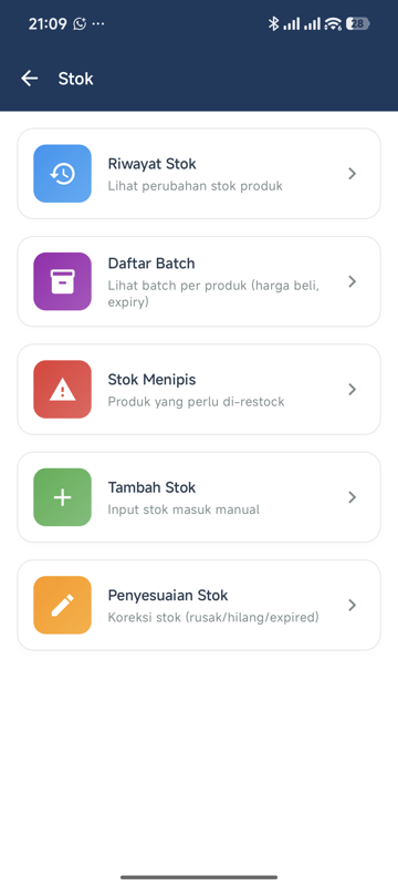 Layar Stok dengan lima kartu: Riwayat Stok, Daftar Batch, Stok Menipis, Tambah Stok, dan Penyesuaian Stok