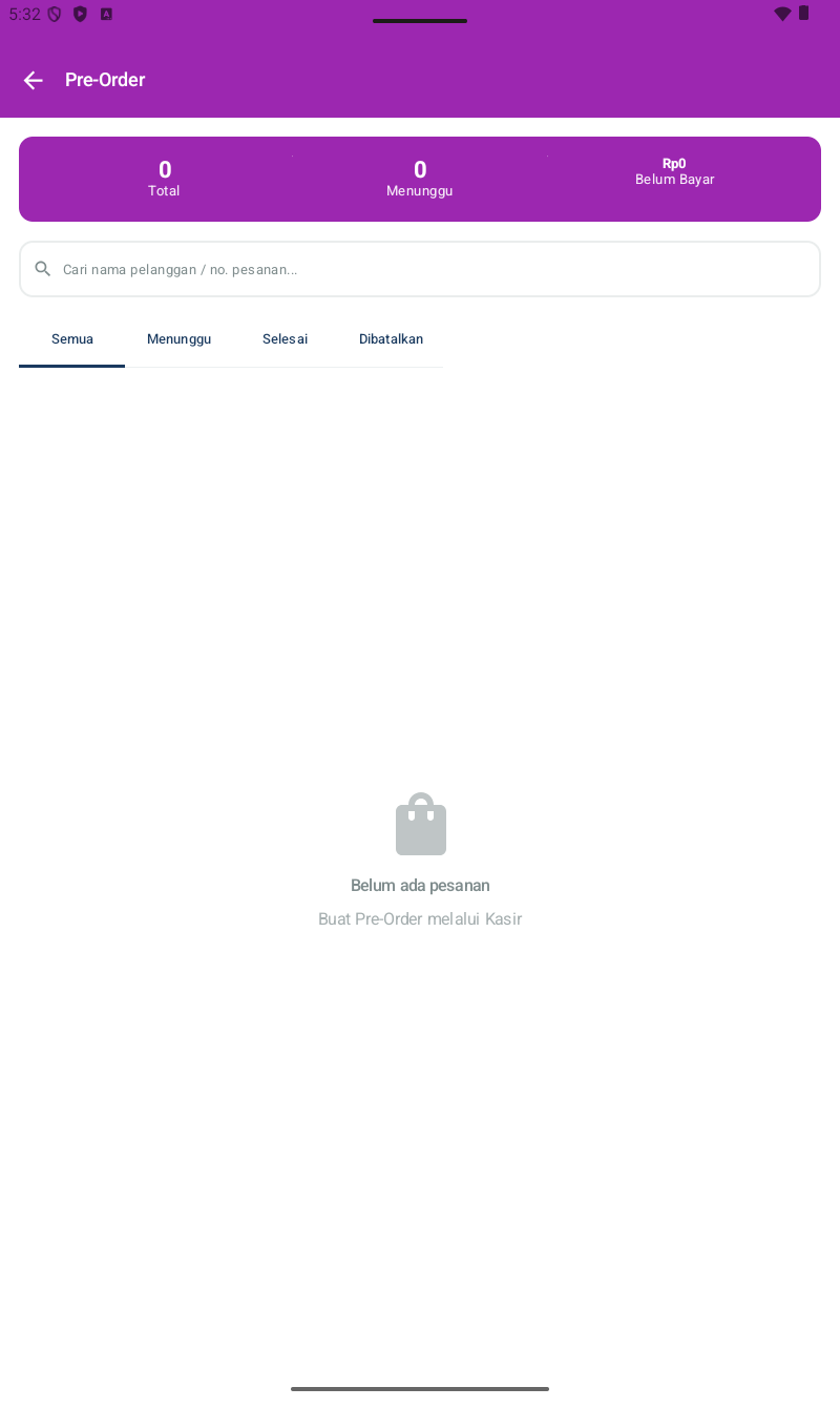 Halaman Pre-Order โ header ungu/magenta. Stat card 3 angka: 0 Total | 0 Menunggu | Rp 0 Belum Bayar. Search bar 'Cari nama pelanggan / no. pesanan...'. Filter tabs: Semua (selected), Menunggu, Selesai, Dibatalkan. Empty state: shopping bag icon + 'Belum ada pesanan / Buat Pre-Order melalui Kasir'
