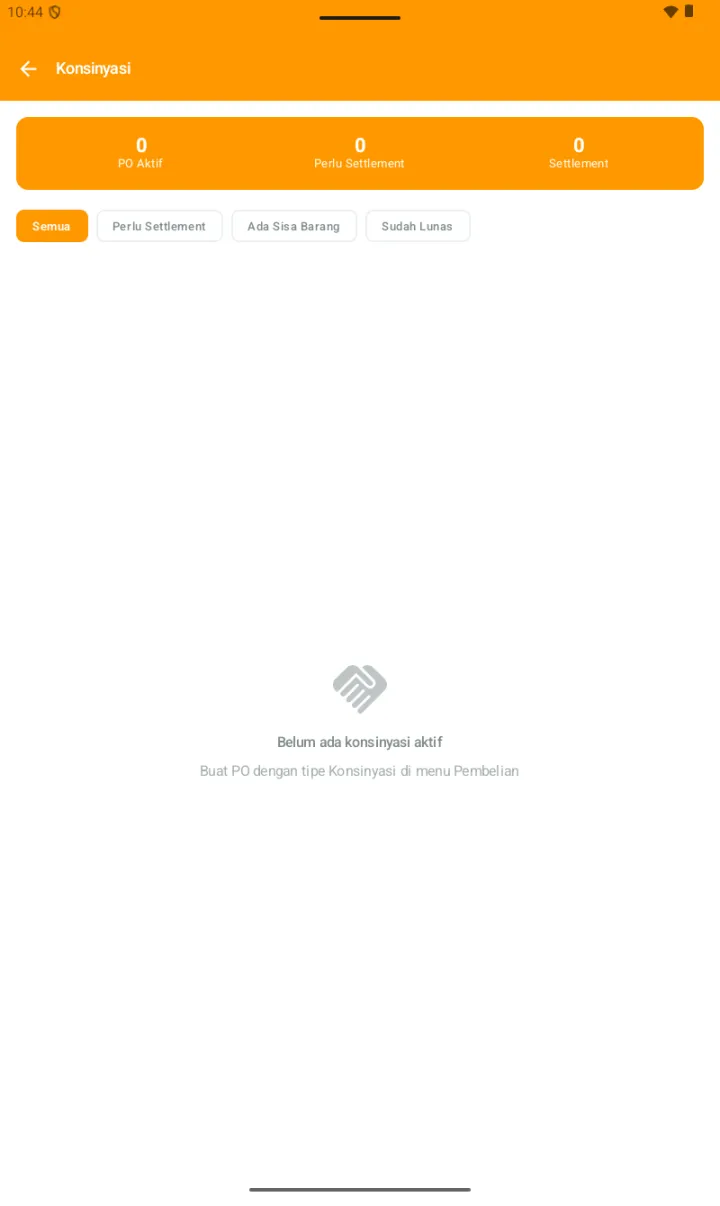 Halaman Konsinyasi dengan stats 0 PO Aktif / 0 Perlu Settlement / 0 Settlement, 4 tab Semua/Perlu Settlement/Ada Sisa Barang/Sudah Lunas, empty state Belum ada konsinyasi aktif / Buat PO dengan tipe Konsinyasi di menu Pembelian