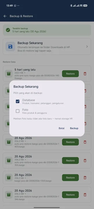 Dialog Backup Sekarang dengan pilihan Database tercentang dan Foto tidak tercentang, beserta saran mematikan Foto bila tidak ada foto baru