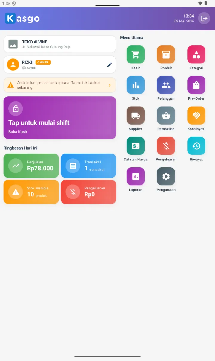 Dashboard saat shift belum dibuka — card ungu 'Tap untuk mulai shift' dan 4 card ringkasan